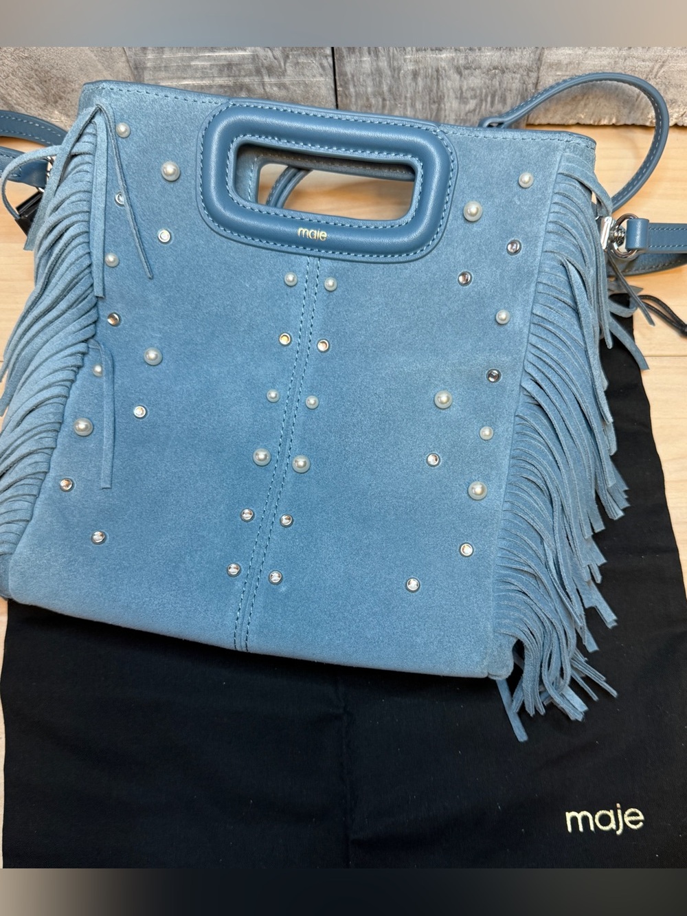 MAJE NWT BLUE SUEDE EMBELLISHED FRINGE BAG - Picture 8 of 14